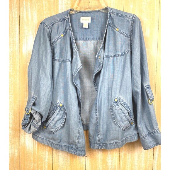 Chico's Size 1 Chambray Open Shirt Jacket Size Medium Roll Tab Sleeve - Picture 1 of 10